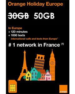 ORANGE HOLIDAY EUROPE SIM CARD 50 GB DATA +120 VOICE MINUTES WORLDWIDE