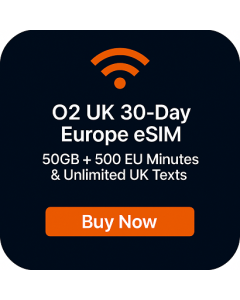 O2 UK 30-Day Europe eSIM – 50GB + 500 EU Minutes & Unlimited UK Texts