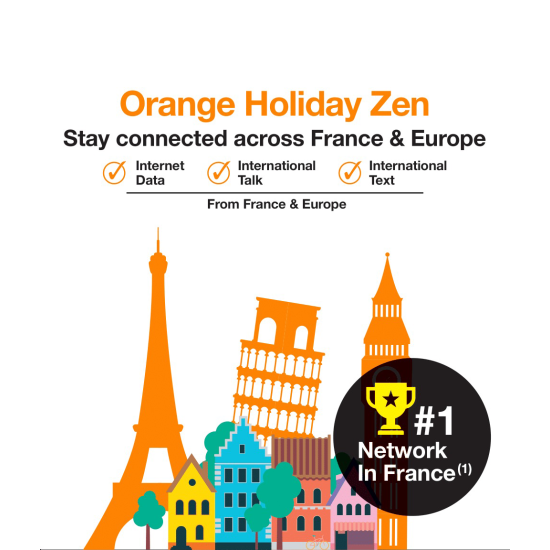 ORANGE HOLIDAY ZEN VOICE & DATA TRAVEL SIM-KORT FOR EUROPA (12 GB DATA + 30 TALEMINUTTER OVER HELE VERDEN)