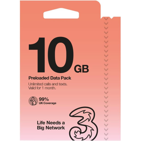 Three Pay as You Go Voice & 10 GB Data SIM Pack 