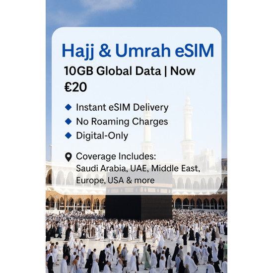 Hajj i Umrah eSIM – 10 GB danych globalnych | Teraz 20 funtów Hajj i Umrah eSIM – 10 GB danych globalnych | Teraz 20 funtów