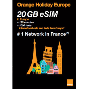 ORANGE eSIM EUROPE & UK - 20 GB DATA & 120 VOICE MINUTES WORLDWIDE 