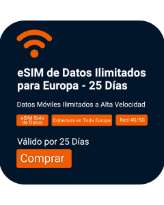 Activa la eSIM de Datos Ilimitados para Europa | Validez de 25 Días