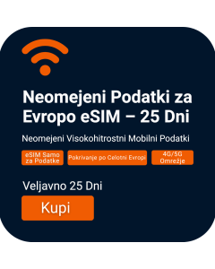 Aktivirajte Neomejeno Evropa eSIM | Veljavnost 25 Dni