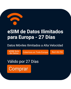 Activa la eSIM de Datos Ilimitados para Europa | Validez de 27 Días