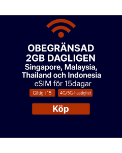 Holiday eSIM Singapore, Malaysia, Thailand och Indonesien 15-dagars Voice/Data eSIM (2GB Daglig Obegränsad + 20 minuter och 10 SMS)