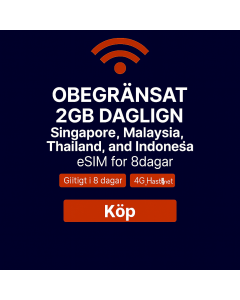 Holiday eSIM Singapore, Malaysia, Thailand och Indonesien 8-dagars Voice/Data eSIM (2GB Daglig Obegränsad + 20 minuter och 10 SMS)