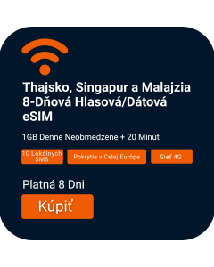 Aktivujte 8-Dňovú Hlasovú/Dátovú eSIM pre Thajsko, Singapur a Malajziu | 1GB Denne, 20 Minút Hovorov