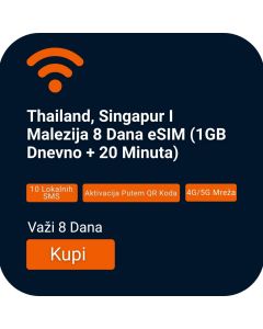 Aktivirajte eSIM za Tajland, Singapur, Maleziju Važi 8 Dana i Uključuje Internet i Pozive (1GB Dnevno Neograničeno + 20 Minuta)
