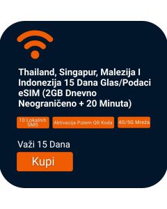 eSIM Za Tajland, Singapur, Maleziju I Indoneziju, Važi 15 Dana I Uključuje Internet I Pozive (2GB Dnevno Neograničeno + 20 Minuta)