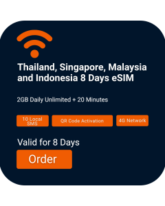 Order Thailand, Singapore, Malaysia & Indonesia 8-Day Voice/Data eSIM (2GB Daily Unlimited + 20 Minutes) 