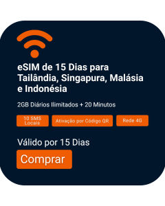 Tailândia, Indonésia, Singapura e Malásia –  eSIM de Voz e Dados para 15 Dias (2GB por Dia Ilimitado + 20 Minutos)