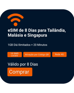Ative o eSIM de 8 Dias para Voz e Dados (1GB por Dia + 20 Minutos) na Tailândia, Singapura e Malásia