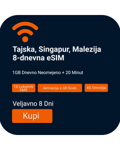 Aktivirajte 8-Dnevno Glasovno/Podatkovno eSIM za Tajsko, Singapur in Malezijo (1GB Dnevno Neomejeno + 20 Minut)