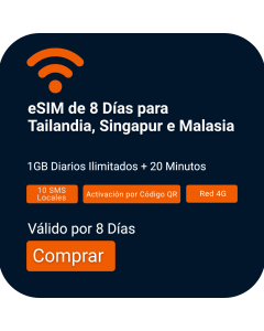 Activa eSIM de Voz/Datos por 8 Días para Tailandia, Singapur y Malasia | 1GB Diario, 20 Minutos de Voz