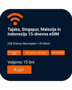 Aktivirajte Glasovno in Podatkovno eSIM za Tajsko, Indonezijo, Singapur ali Malezijo | 15 Dni | 2GB Dnevno | 20 Minut Glasovnih Klicev