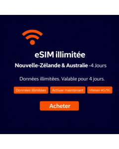 4 jours d'utilisation illimitée avec une eSIM en Nouvelle-Zélande et en Australie