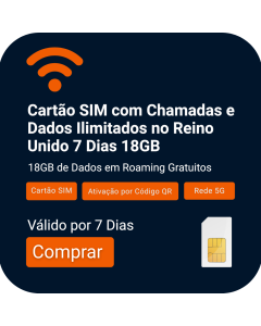 Peça o seu SIM Three Mobile: £20 | Dados e Voz Ilimitados UK | 18GB Roaming | 7 Dias