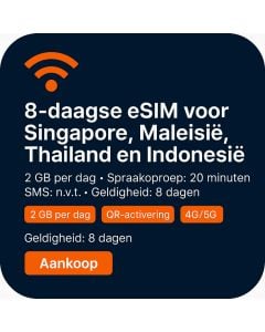 8-daagse eSIM voor Singapore, Maleisië, Thailand en Indonesië – Inclusief 2GB dagelijkse onbeperkte data + 20 belminuten per dag