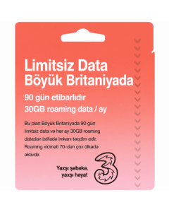 Üç Mobil Limitsiz Böyük Britaniya Səs və Məlumat eSIM (Ayda 30GB Pulsuz Rouminq Məlumatı Üstəgəl)