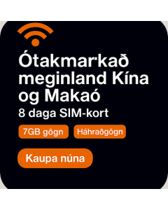 ÓTAKMÖRKUÐ MENGLAND KÍNA OG MAKAU 8 DAGA GÖGN SIM-KORTS 7GB HRAÐAGÖGN
