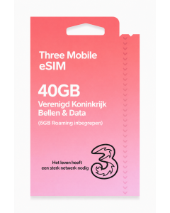 Three Mobile eSIM AIO10 - 40 GB bellen en data in het VK (6 GB gratis roaming)
