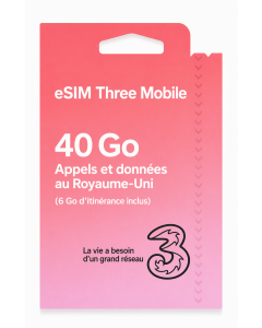 Carte SIM électronique Three Mobile AIO10 - 40 Go voix et données au Royaume-Uni (6 Go en itinérance gratuite)