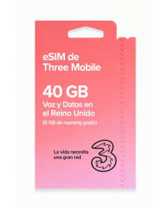 Tarjeta eSIM Three Mobile AIO10: 40 GB de voz y datos en el Reino Unido (6 GB de roaming gratis).