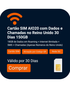 Compre o Three Mobile AIO20: £20, 60GB para o Reino Unido (18GB de Roaming de Dados Gratuito), 30 dias de Dados e Voz