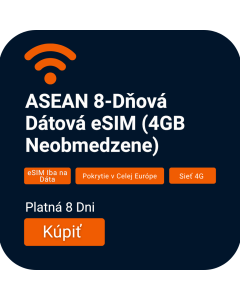 Objednajte si ASEAN 8-Dňovú Dátovú eSIM 4GB Neobmedzených Dát, 8 Dní, 4G Sieť