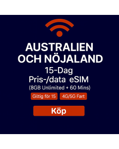 Australien och Nya Zeeland 15-dagars Voice/Data eSIM (8GB Obegränsat + 60 Minuter)