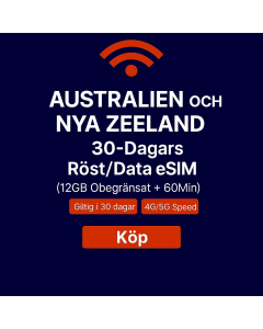 Australien och Nya Zeeland 30-dagars Voice/Data eSIM (12GB Obegränsat + 60 Minuter)