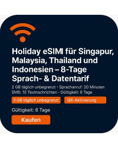 Urlaubs-eSIM für Singapur, Malaysia, Thailand und Indonesien – 8 Tage, Daten & Sprache (Täglich 2 GB unbegrenzt + 20 Minuten und 10 SMS)