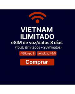 Tarjeta SIM de voz y datos de Vietnam (8 días) (15 GB ilimitados + 20 minutos)