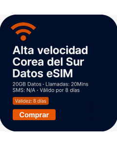 Tarjeta eSIM de voz y datos de Corea del Sur (8 días, 20 GB ilimitados + 20 minutos)