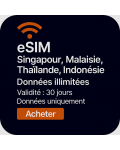 eSIM Vacances Singapour, Malaisie, Thaïlande et Indonésie – 8 Jours Voix/Données (2 Go/Jour Illimités + 20 Minutes et 10 SMS)