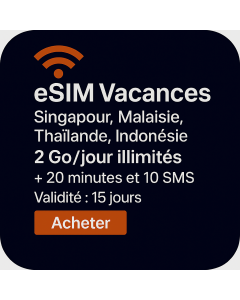 eSIM Vacances Singapour, Malaisie, Thaïlande et Indonésie – 15 Jours Voix/Données (2 Go/Jour Illimités + 20 Minutes et 10 SMS)
