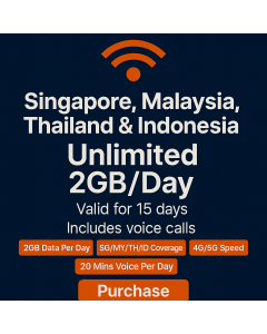 Singapore, Malaysia, Thailand, Indonesia 15 days voice data plan (unlimited 2GB + 20 minutes per day)