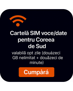 Cartelă SIM voce/date pentru Coreea de Sud, valabilă opt zile (douăzeci GB nelimitat + douăzeci de minute).