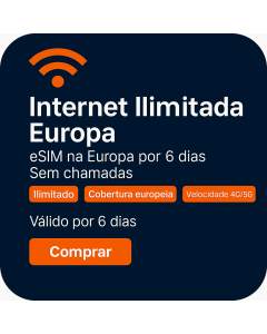 Ative um eSIM de dados europeus ilimitado | £20 | Validade de 6 dias