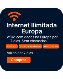 Ative um eSIM de dados europeus ilimitado | £24 | Validade de 7 dias