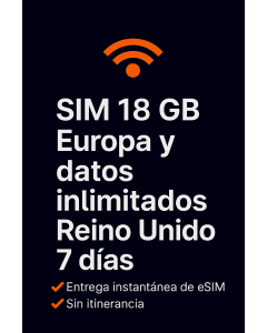 18 GB Europa y datos ilimitados SIM Reino Unido 7 días