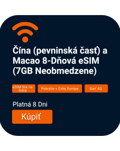 Aktivujte Mainland China & Macau 7GB Dátovú eSIM/SIM Kartu | 8 Dní