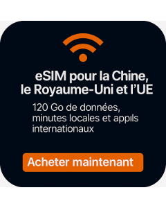 eSIM pour la Chine, le Royaume-Uni et l'UE – 120 Go de données, minutes locales et appels internationaux