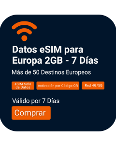 Activa eSIM de Datos Europa 2GB | £6 | Validez de 7 Días