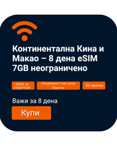 Активирајте ја континентална Кина и Макао 7GB податоци eSIM | 8 дена