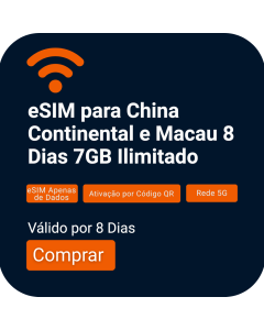 Ative o cartão eSIM de dados de 7GB da China Continental e Macau | 8 dias
