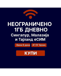 Празнични eSIM Сингапур, Малезија и Тајланд – 8-дневни Гласовни/Интернет eSIM (1GB дневно неограничено + 20 минута и 10 СМС порука)