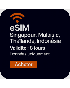 eSIM Vacances Singapour, Malaisie, Thaïlande et Indonésie – 8 Jours Voix/Données (2 Go/Jour Illimités + 20 Minutes et 10 SMS)