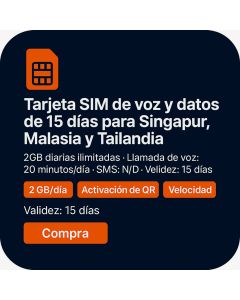 Singapur, Malasia, Tailandia Tarjeta SIM de voz/datos por 15 días (2 GB diarios ilimitados + 20 minutos)